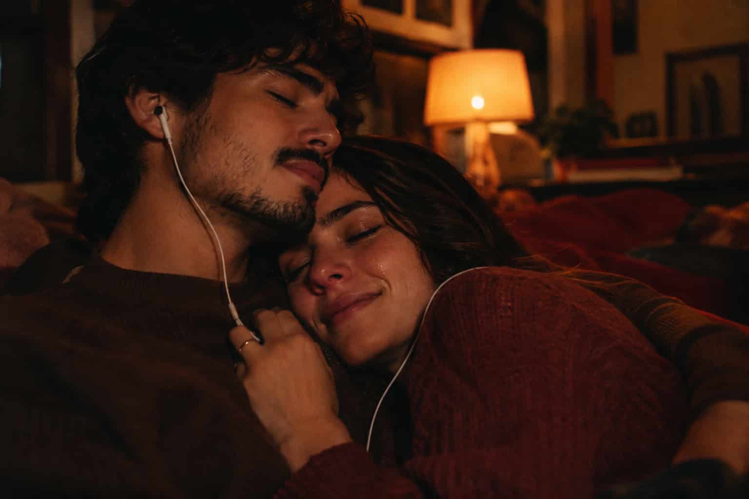 Casal abraçado ouvindo música à noite