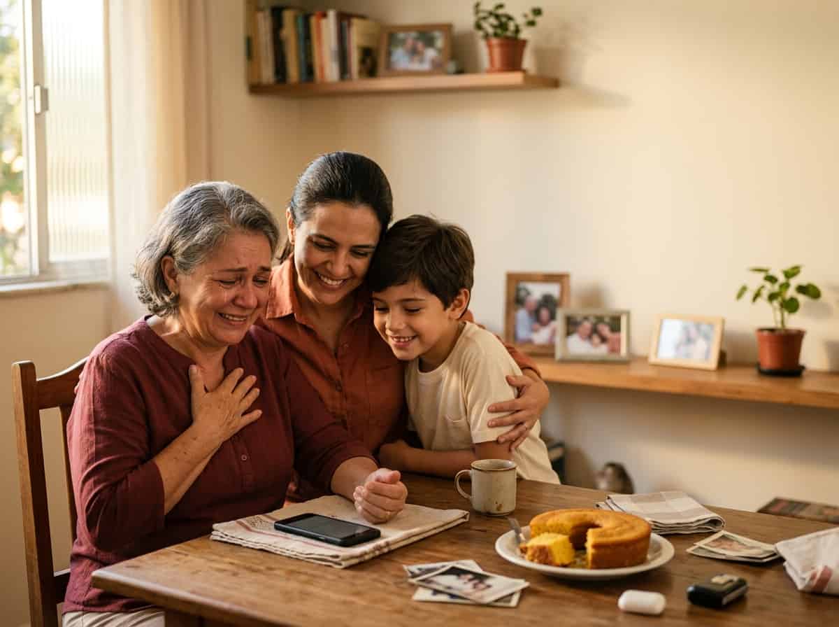 Família emocionada ouvindo música juntos